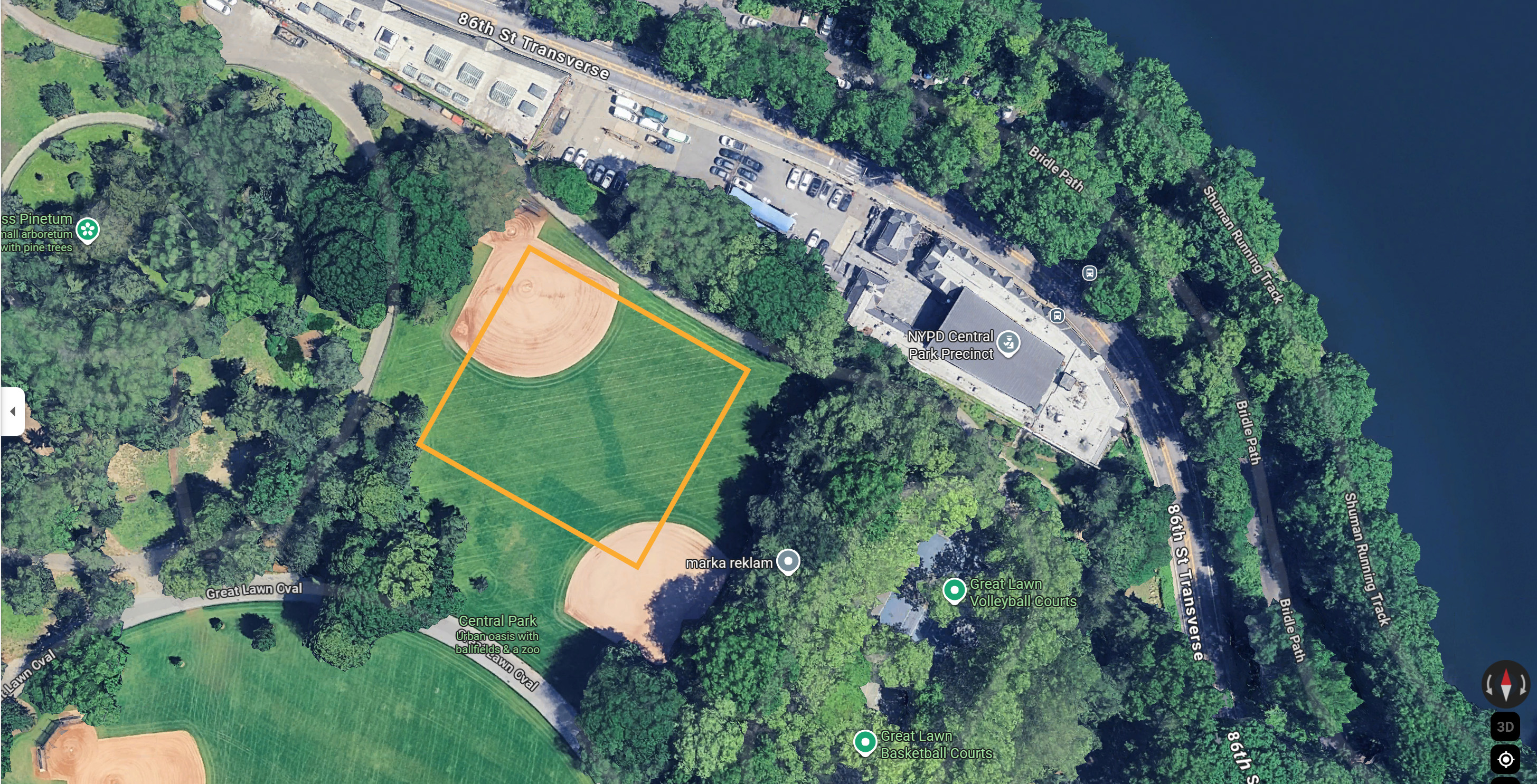 Transverse baseball fields with outline of a possible paddock